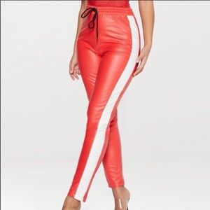 Prettylittlething Red and white leather joggers